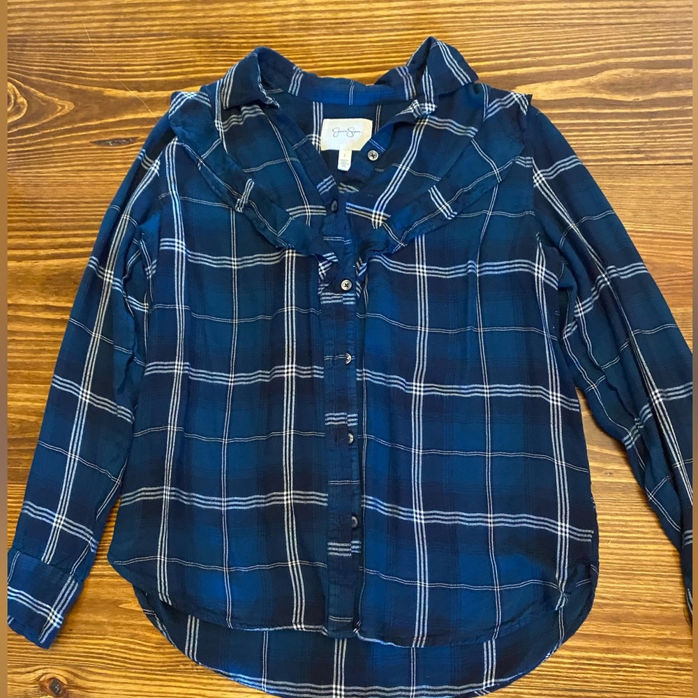 Jessica Simpson Dark Blue Flannel with Ruffle, Size Small